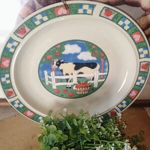 Gibson Ceramic Plate with Cow Design - Green and Blue Accents